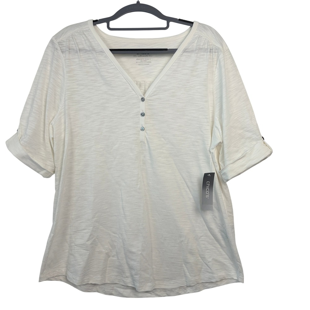 Chico's The Ultimate Tee Size 2 Large Off-White Henley V-Neck Roll-Tab Sleeve